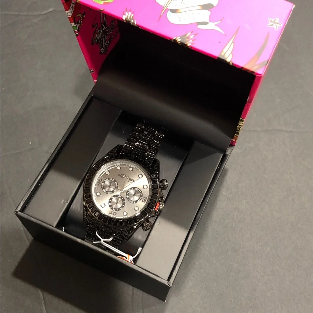 Ed Hardy black onyx look gemstone bling wristwatch new in pink Ed Hardy logo box